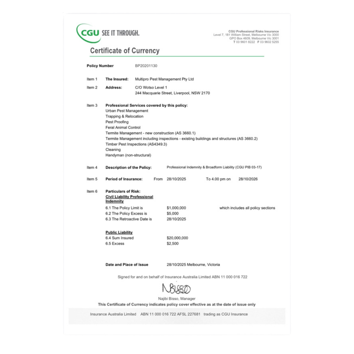 Certificate of Currency (Public Liability & Professional Indemnity)